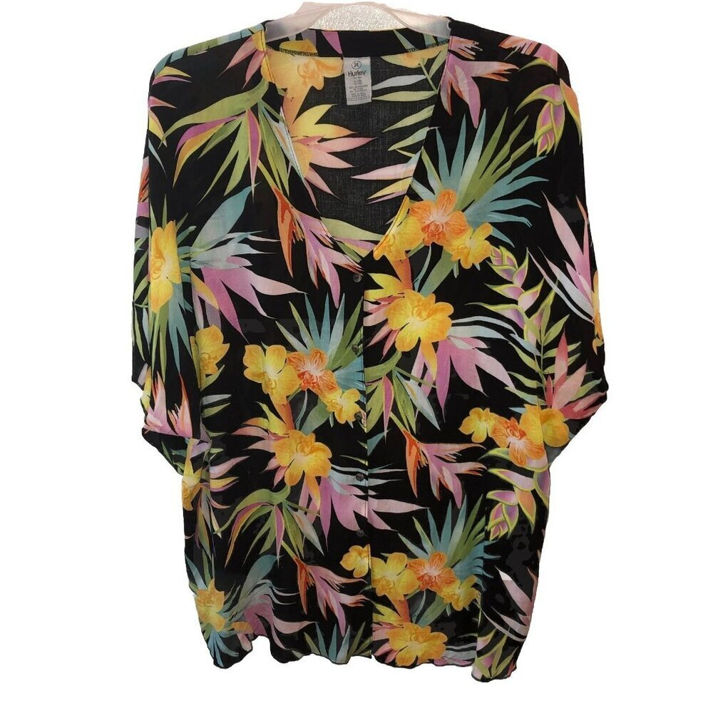 Hurley XL XXL Womens Beach Cover Up Black Tropical Print V Neck Button Up Shirt